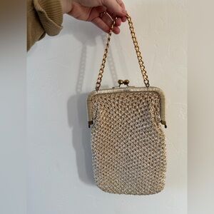 Vintage Italian Made Cream Woven Handbag with Gold Chain